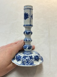A pair of Chinese blue and white candlesticks with floral design, Kangxi