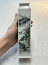 A Chinese famille rose 'landscape and calligraphy' square vase, Shen De Tang Zhi 慎德堂製 mark, Republic