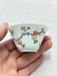 Two Chinese famille rose 'birds on flowering branches' cups and saucers, Yongzheng