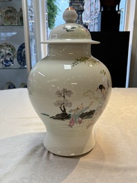 A Chinese famille rose 'lady and boys' vase and cover, Qianlong mark, Republic