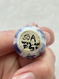 Ten Chinese blue and white miniature vases with figural and floral design, Kangxi