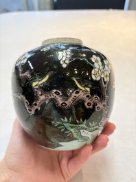 A Chinese famille noire 'prunus blossom' jar and a famille verte 'flying horses' jar, 19th C.