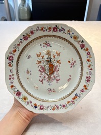 A pair of Chinese famille rose armorial plates with the arms of Mills impaling Hatch for the English market, Qianlong, ca. 1745