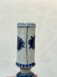 A pair of Chinese blue and white candlesticks with floral design, Kangxi