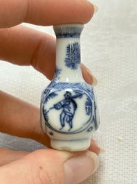 Ten Chinese blue and white miniature vases with figural and floral design, Kangxi