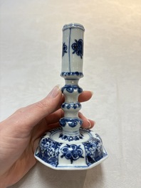 A pair of Chinese blue and white candlesticks with floral design, Kangxi