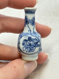 Ten Chinese blue and white miniature vases with figural and floral design, Kangxi