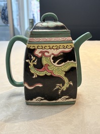 A Chinese enamelled Yixing stoneware 'dragon' teapot, 18/19th C.