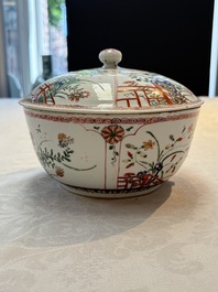 A Chinese famille verte covered bowl, a Dutch-decorated bowl, a gilt-bronze mounted pot-pourri vase and an Imari-style covered jug, Kangxi/Qianlong
