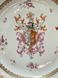 A pair of Chinese famille rose armorial plates with the arms of Mills impaling Hatch for the English market, Qianlong, ca. 1745