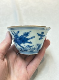 A pair of Chinese blue and white 'flying horses' cups, Jiajing mark, Kangxi