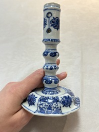 A pair of Chinese blue and white candlesticks with floral design, Kangxi
