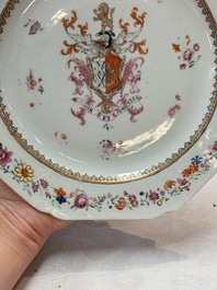 A pair of Chinese famille rose armorial plates with the arms of Mills impaling Hatch for the English market, Qianlong, ca. 1745