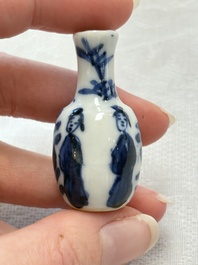 Ten Chinese blue and white miniature vases with figural and floral design, Kangxi