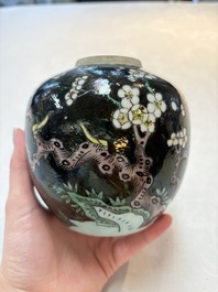 A Chinese famille noire 'prunus blossom' jar and a famille verte 'flying horses' jar, 19th C.