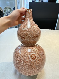 A Chinese iron-red-decorated 'dragon and phoenix' double-gourd vase, Qianlong mark, Republic