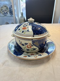 A Chinese famille rose blue-ground tureen, cover and stand, Qianlong