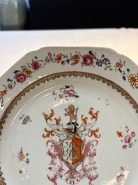 A pair of Chinese famille rose armorial plates with the arms of Mills impaling Hatch for the English market, Qianlong, ca. 1745