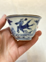 A pair of Chinese blue and white 'flying horses' cups, Jiajing mark, Kangxi