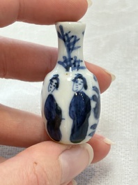 Ten Chinese blue and white miniature vases with figural and floral design, Kangxi