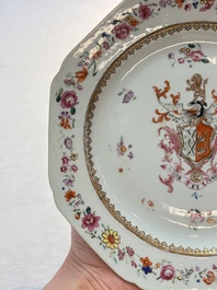 A pair of Chinese famille rose armorial plates with the arms of Mills impaling Hatch for the English market, Qianlong, ca. 1745