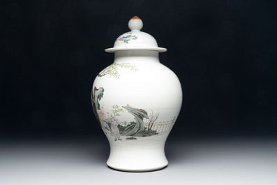 A Chinese famille rose 'lady and boys' vase and cover, Qianlong mark, Republic
