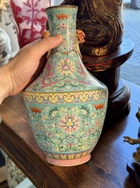 An imperial Chinese famille rose turquoise-ground 'chilong and flower scrolls' vase, Jiaqing mark and of the period