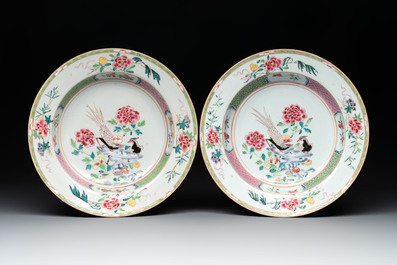 A set of six Chinese famille rose 'pheasants' plates, Yongzheng
