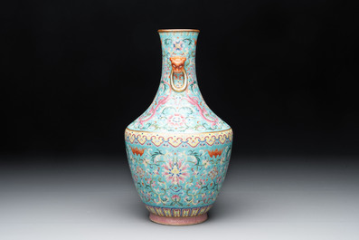 An imperial Chinese famille rose turquoise-ground 'chilong and flower scrolls' vase, Jiaqing mark and of the period