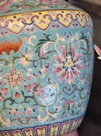 An imperial Chinese famille rose turquoise-ground 'chilong and flower scrolls' vase, Jiaqing mark and of the period