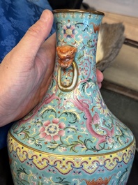 An imperial Chinese famille rose turquoise-ground 'chilong and flower scrolls' vase, Jiaqing mark and of the period
