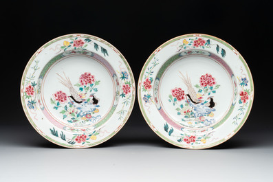 A set of six Chinese famille rose 'pheasants' plates, Yongzheng