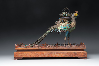 A large Chinese precious stone-inset and enamelled gilt-silver filigree peacock and flower basket on a wooden stand, Republic