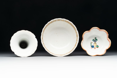 A Chinese famille rose 'tobacco leaf' vase, a pseudo-armorial cup and a famille verte cup, Kangxi/Qianlong