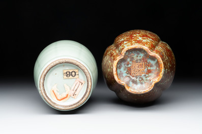 A Chinese celadon-glazed vase and a faux bronze-glazed vase, Qianlong mark, 18/19th C.