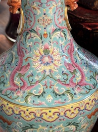 An imperial Chinese famille rose turquoise-ground 'chilong and flower scrolls' vase, Jiaqing mark and of the period