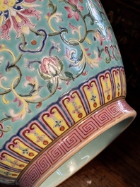 An imperial Chinese famille rose turquoise-ground 'chilong and flower scrolls' vase, Jiaqing mark and of the period