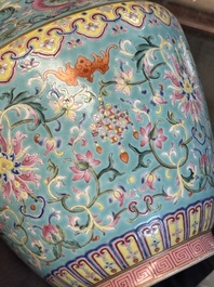 An imperial Chinese famille rose turquoise-ground 'chilong and flower scrolls' vase, Jiaqing mark and of the period