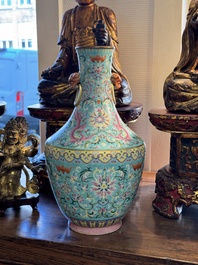 An imperial Chinese famille rose turquoise-ground 'chilong and flower scrolls' vase, Jiaqing mark and of the period