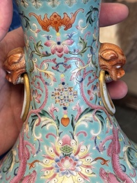 An imperial Chinese famille rose turquoise-ground 'chilong and flower scrolls' vase, Jiaqing mark and of the period