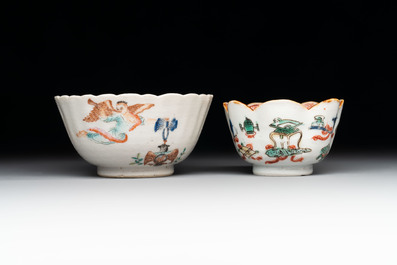 A Chinese famille rose 'tobacco leaf' vase, a pseudo-armorial cup and a famille verte cup, Kangxi/Qianlong