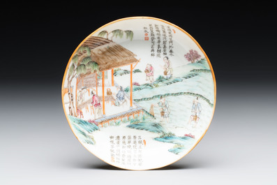 Three Chinese famille rose plates with narrative design, Tongzhi mark and of the period