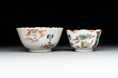 A Chinese famille rose 'tobacco leaf' vase, a pseudo-armorial cup and a famille verte cup, Kangxi/Qianlong
