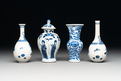Four Chinese blue and white miniature vases, one with cover, Kangxi