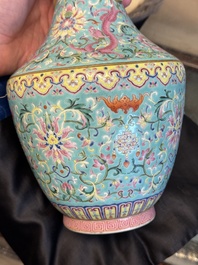 An imperial Chinese famille rose turquoise-ground 'chilong and flower scrolls' vase, Jiaqing mark and of the period