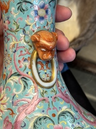 An imperial Chinese famille rose turquoise-ground 'chilong and flower scrolls' vase, Jiaqing mark and of the period