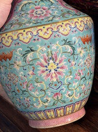 An imperial Chinese famille rose turquoise-ground 'chilong and flower scrolls' vase, Jiaqing mark and of the period
