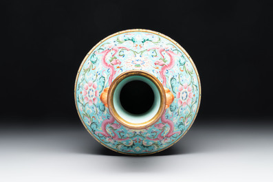 An imperial Chinese famille rose turquoise-ground 'chilong and flower scrolls' vase, Jiaqing mark and of the period