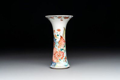 A Chinese famille rose 'tobacco leaf' vase, a pseudo-armorial cup and a famille verte cup, Kangxi/Qianlong