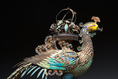 A large Chinese precious stone-inset and enamelled gilt-silver filigree peacock and flower basket on a wooden stand, Republic